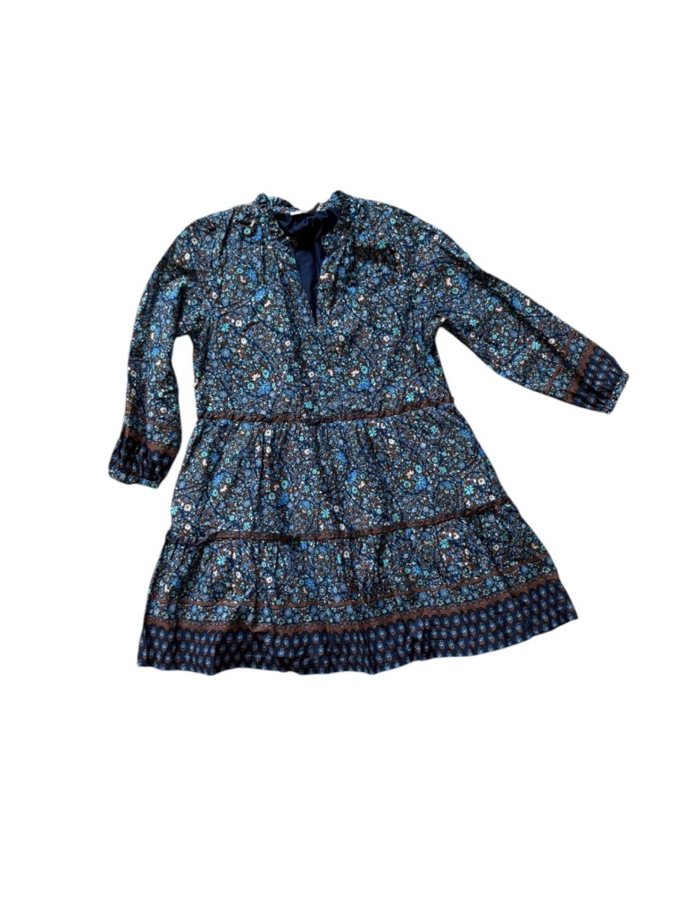 Boho Tiered Floral Long Sleeve Dress - Navy & Teal